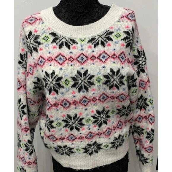 Victoria’s Secret Fuzzy Off Shoulder Sweater XS White Neon Snowflake Print NWT - Picture 1 of 6